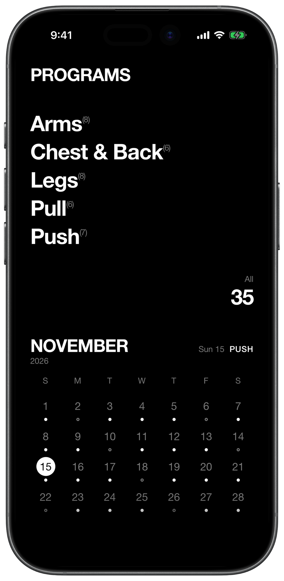 Programs screen listing Arms, Chest & Back, Legs, Pull and Push with exercise counts, above a November calendar marking training and rest days.